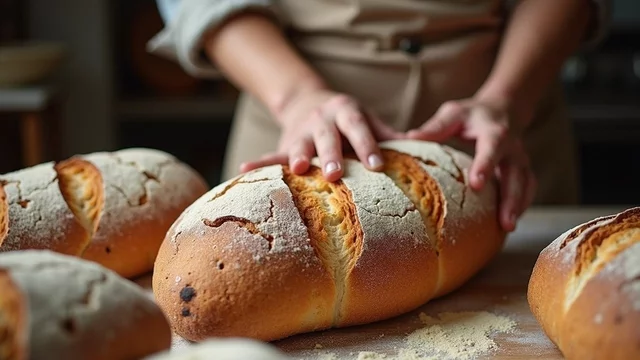 Eine Person mit einem Holzbrett drückt sanft auf frisch gebackenes Brot. Um sie herum liegen mehrere Laibe Brot. 