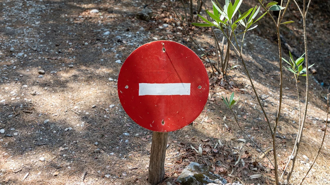 Ein rotes Verbotsschild mit einem weißen horizontalen Balken in der Mitte steht auf einem Waldboden. Es zeigt an, dass der Zugang zu diesem Weg oder Bereich verboten ist. Umgeben von Bäumen und Sträuchern ist der Hintergrund ein erdiger Waldweg.