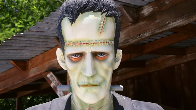 Eine lebensgroße Statue eines Frankenstein-ähnlichen Monsters mit blassem Gesicht, sichtbaren Narben und einem ernsthaften Ausdruck. Es trägt einen dunklen Anzug und hat eine Steckdose an der Halsregion. Die Statue steht vor einer Holzstruktur und ist von grünem Umland umgeben.