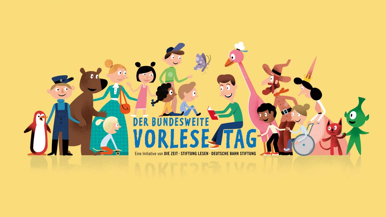 Das Bild zeigt eine bunte Gruppe von cartoonhaften Charakteren, die den bundesweiten Vorlesetag feiern. Es sind ein Polizist, ein Bär, Kinder und verschiedene Tiere abgebildet. In der Mitte steht ein Junge, der ein Buch hält. Der Hintergrund ist gelb und der Text informiert über die Initiative.