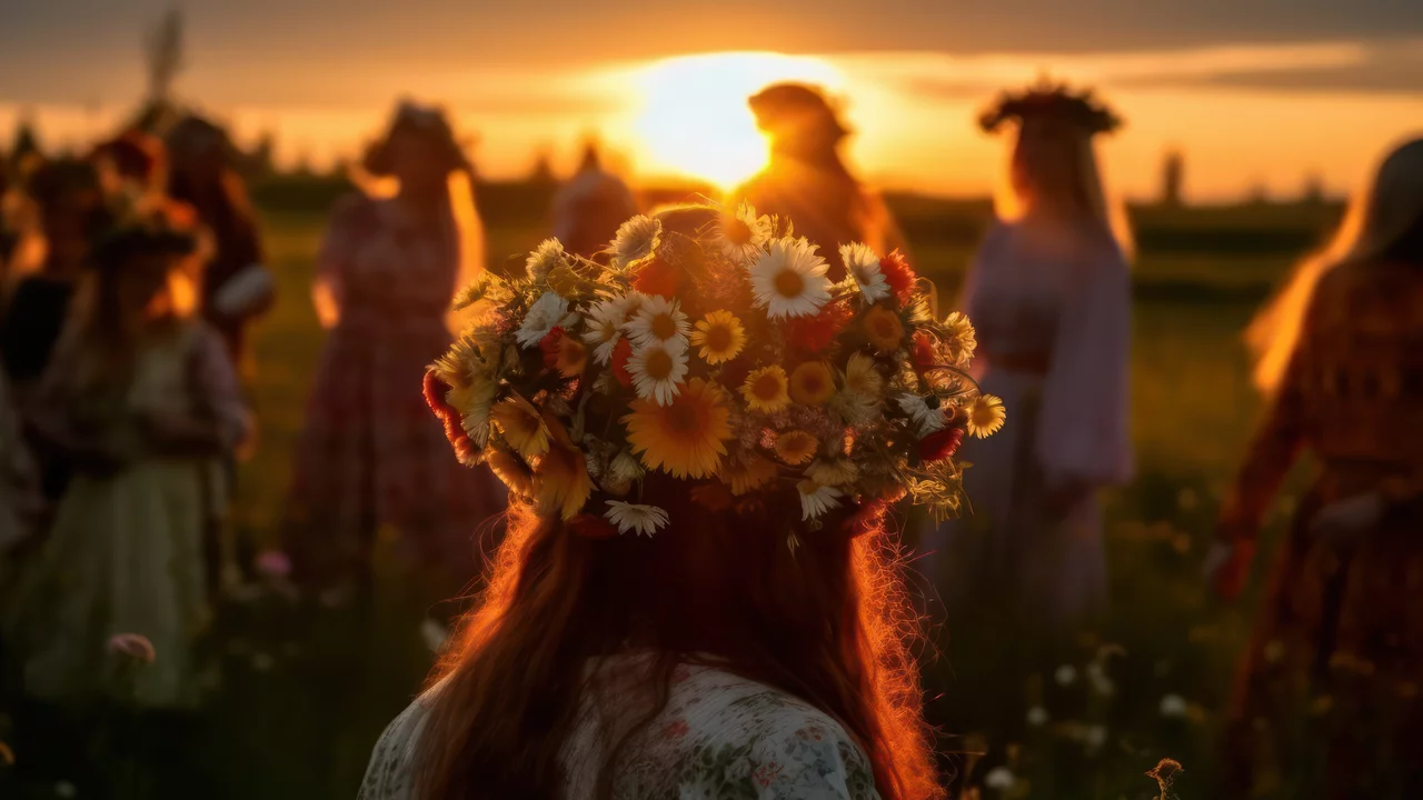 Eine Gruppe von Frauen in traditionellen Kleidern steht in einem blühenden Feld. Die meisten tragen Blumenkränze. Im Hintergrund geht die Sonne unter und taucht die Szene in sanftes, goldenes Licht. Die Atmosphäre vermittelt einen feierlichen, gemeinschaftlichen Moment.