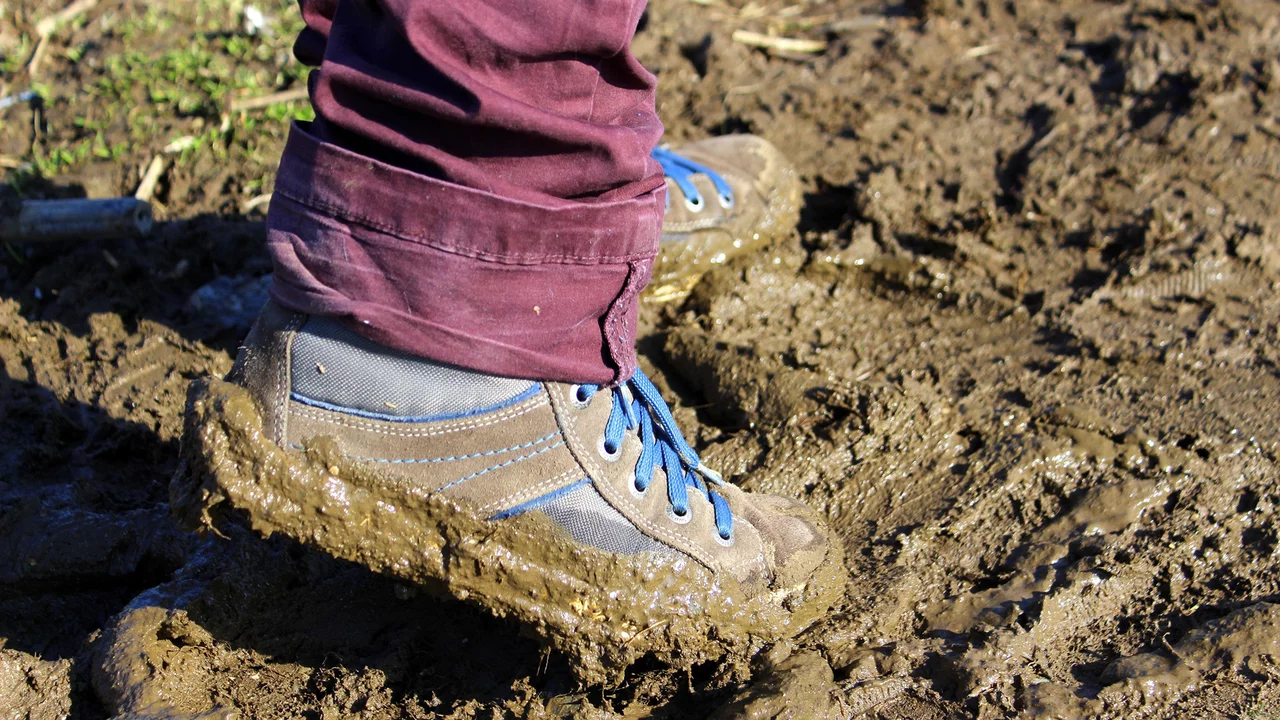 Ein Fuß steht in matschigem Boden. Der Schuh ist grau mit blauen Schnürsenkeln und ist mit Schlamm bedeckt. Der Hosenbund ist dunkelrot. Der Hintergrund zeigt eine grüne Wiese.