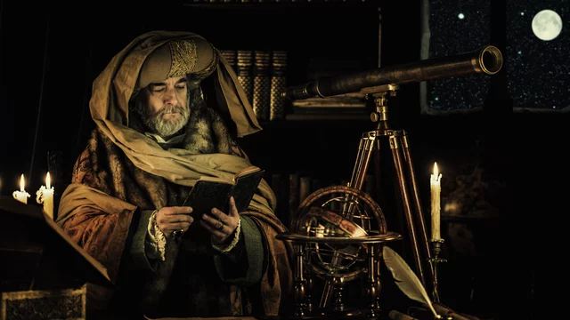 Ein weiser Mann mit einem langen Bart trägt einen prachtvollen Umhang und hält ein Buch in der Hand. Er steht an einem Tisch, neben einem Teleskop und einer astronomischen Armillarsphäre. Im Hintergrund sind Sterne und der Mond sichtbar. Kerzen sorgen für schwaches Licht.