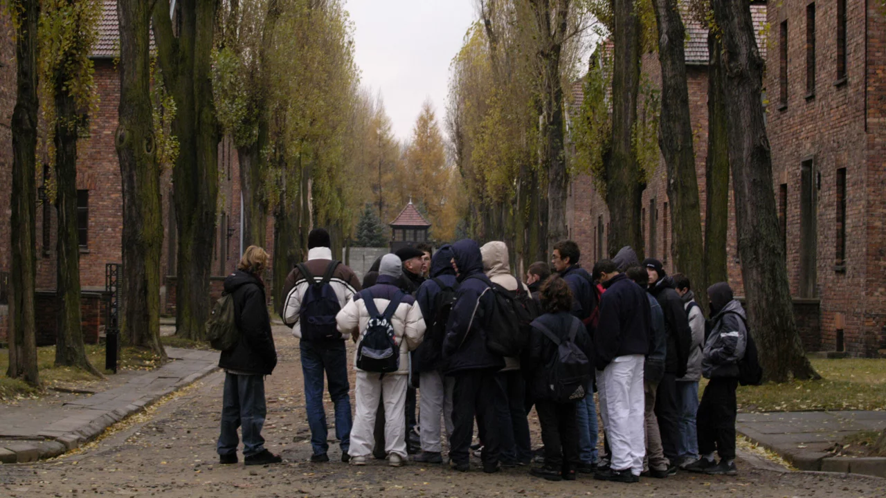 Eine Gruppe von Jugendlichen steht in einer Straße zwischen Ziegelgebäuden in Ausschwitz I,  umgeben von hohen, schmalen Bäumen. Die Atmosphäre ist ernst und nachdenklich, der auf diesen Ort von historischer Bedeutung hinweist. Die Jugendlichen hören einer Führung zu.