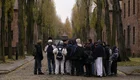 Eine Gruppe von Jugendlichen steht in einer Straße zwischen Ziegelgebäuden in Ausschwitz I,  umgeben von hohen, schmalen Bäumen. Die Atmosphäre ist ernst und nachdenklich, der auf diesen Ort von historischer Bedeutung hinweist. Die Jugendlichen hören einer Führung zu.
