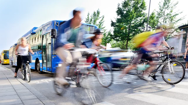 Auf der Straße überqueren mehrere Radfahrer in Bewegung einen Zebrastreifen, während ein blauer Bus im Hintergrund sichtbar ist. Die Szene vermittelt ein Gefühl von lebhaftem Verkehr und urbaner Aktivität.