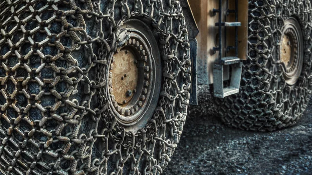 Nahaufnahme von zwei schwer beladenen Reifen eines Fahrzeugs. Die Reifen tragen Schneeketten, die eine robuste Struktur aufweisen. Der Boden ist mit grobem Material bedeckt, was auf eine raue Umgebung hinweist.