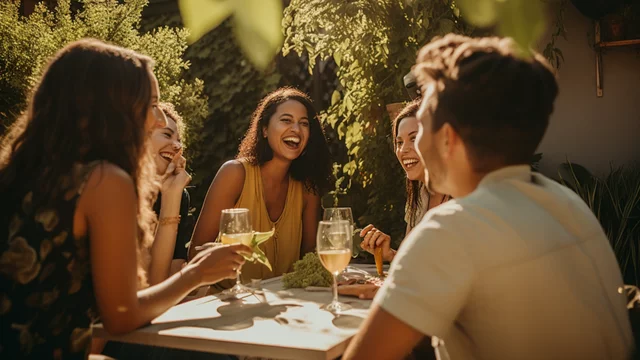 Ein Gruppe von Freunden sitzt im Garten.