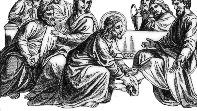Jesus wäscht seinen Jüngern die Füße während des letzten Abendmahl, um Demut und Dienstbereitschaft zu demonstrieren. Die Jünger beobachten ihn mit verschiedenen Gesichtsausdrücken, während sie um den Tisch versammelt sind.