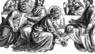 Jesus wäscht seinen Jüngern die Füße während des letzten Abendmahl, um Demut und Dienstbereitschaft zu demonstrieren. Die Jünger beobachten ihn mit verschiedenen Gesichtsausdrücken, während sie um den Tisch versammelt sind.