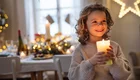 Ein Kind mit lockigem Haar lächelt und hält eine leuchtende Kerze in der Hand. Im Hintergrund ist ein festlich dekorierter Tisch mit Lichtern und Weihnachtsdekoration sichtbar. Die Atmosphäre ist warm und einladend.