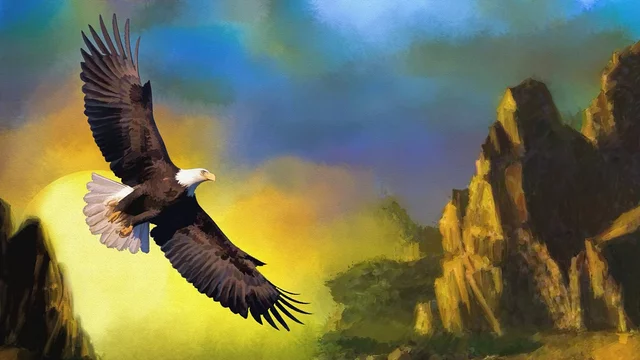 Ein majestätischer Adler fliegt durch eine mystische Landschaft mit rauen Felsen und einer untergehenden Sonne im Hintergrund. Der Himmel zeigt sanfte Farbverläufe von Blau und Gelb, während der Adler in voller Flugpose seinen starken und eleganten Körper präsentiert.