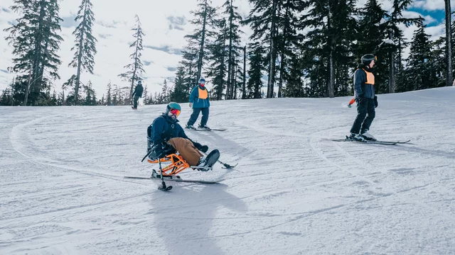 Eine Gruppe von Skifahrern auf einer verschneiten Piste. Ein Skifahrer sitzt auf einem speziellen Schlitten, während andere stehend fahren. Hohe Tannenbäume umgeben die Szene, und der Himmel ist teilweise bewölkt.