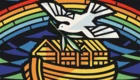 Bild von der Arche Noah mit Regenbogen und Friedenstaube. 