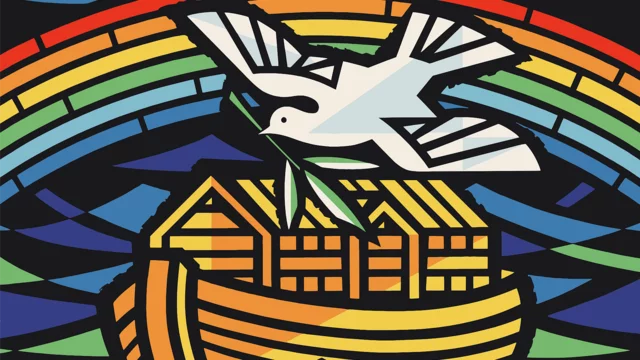 Bild von der Arche Noah mit Regenbogen und Friedenstaube. 