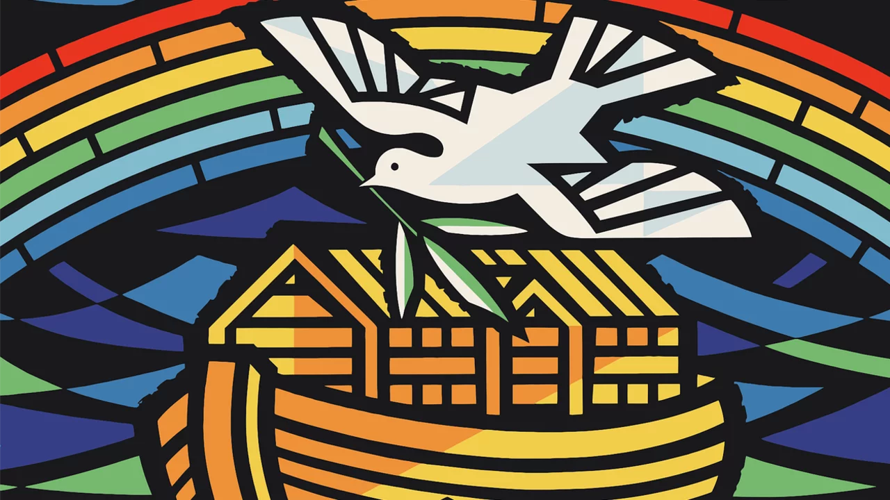 Bild von der Arche Noah mit Regenbogen und Friedenstaube. 