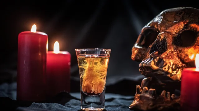 Ein Glas mit einem gelben Getränk steht vor einem Schädel, umgeben von roten Kerzen. Die Kerzen scheinen im Dunkeln zu leuchten und erzeugen eine mystische Atmosphäre.