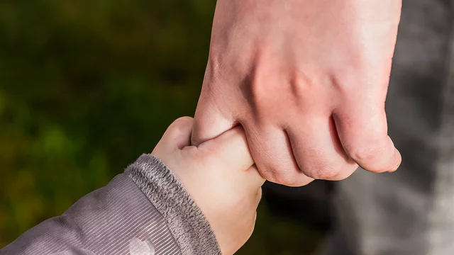 Eine erwachsene Hand hält die Hand eines Kindes. Die beiden Hände sind fest ineinander verschränkt, was eine Verbindung und Zuneigung zwischen den Personen symbolisiert. Der Hintergrund ist unscharf und zeigt eine grüne Wiese.