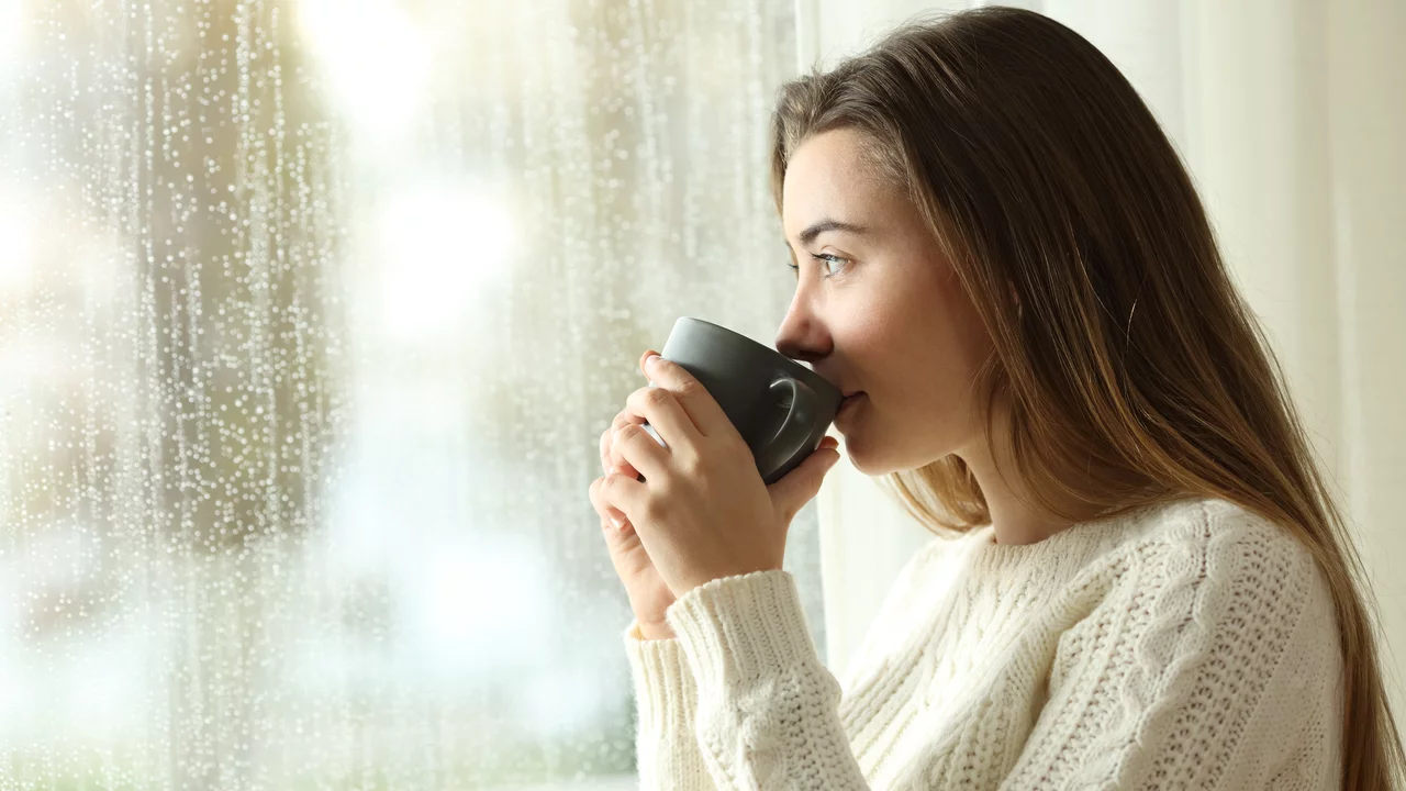 Eine junge Frau sitzt in einem hellen Raum und hält eine Tasse Kaffee in der Hand. Sie blickt nachdenklich aus dem Fenster, während es draußen regnet. Ihr Ausdruck vermittelt Entspannung und ein Gefühl von Gemütlichkeit.