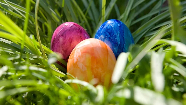 Drei bunte Ostereier liegen im Gras.
