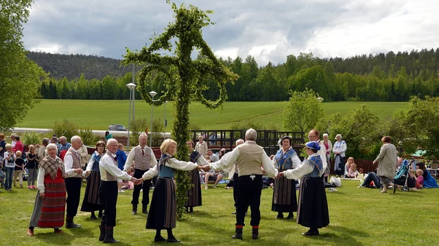 Menschen in Tracht mit Maibaum