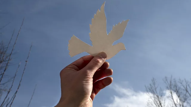 Eine Hand hält eine taubenförmige, ausgeschnittene Papiervorlage gegen einen hellen, blauen Himmel. Im Hintergrund sind vereinzelt kahle Bäume zu sehen. Die Szene vermittelt einen Eindruck von Hoffnung und Freiheit.