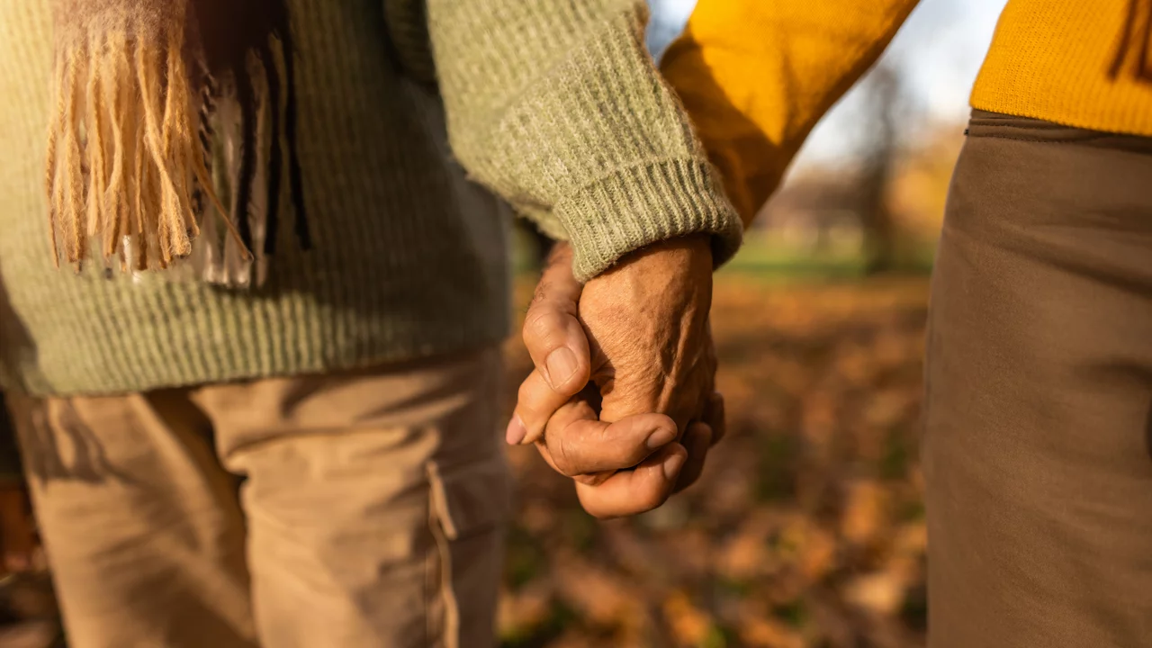 Zwei Personen halten sich in einem Park bei Sonnenlicht Hände. Eine Person trägt einen grünen Pullover, die andere einen gelben. Der Boden ist mit buntem Laub bedeckt, was auf eine herbstliche Atmosphäre hinweist. Die Szene strahlt Wärme und Verbundenheit aus.