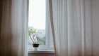 Ein Fenster mit Vorhängen und einer Zimmerpflanze. 