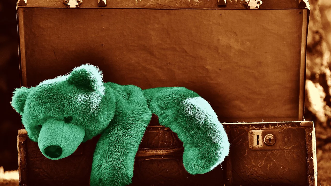 Ein grüner Teddybär liegt schlaff auf der Kante eines offenen Koffers. Der Koffer hat eine vintage Erscheinung und ist in einem sepiafarbenen Ton gehalten, während der Bär in einem leuchtenden Grün hervorsticht.