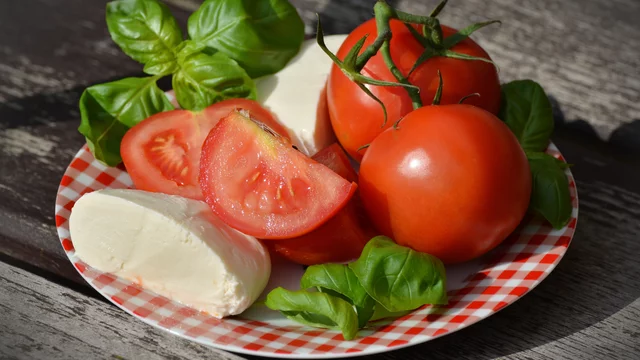 Eine flache, karierte Platte mit frischen, roten Tomaten, halbierten Tomaten, Mozzarella und frischem Basilikum. Die Zutaten sind farbenfrohe und appetitliche Lebensmittel, die für einen Salat oder eine Vorspeise geeignet sind.
