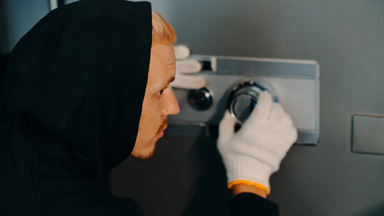 Ein Mann in einem schwarzen Kapuzenpulli versucht, ein Zahlenschloss an einem sicheren Tresor zu öffnen. Er trägt weiße Handschuhe und ist intensiv auf die Zahlen konzentriert.