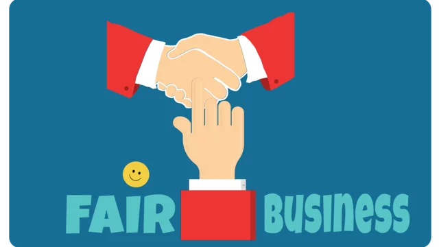 Eine Illustration zeigt zwei Hände, die sich zur Begrüßung schütteln. Unterhalb steht der Text „FAIR Business“ in großen Buchstaben, begleitet von einem lächelnden Gesicht. Die Bildsprache vermittelt das Thema von fairem Geschäft.
