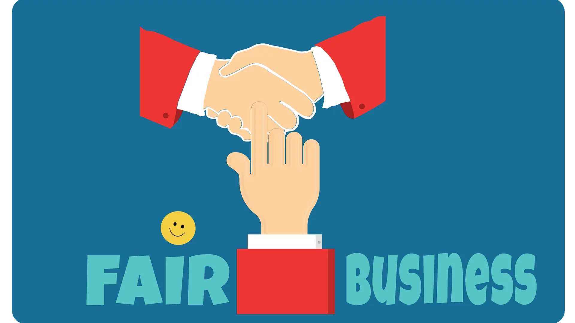 Eine Illustration zeigt zwei Hände, die sich zur Begrüßung schütteln. Unterhalb steht der Text „FAIR Business“ in großen Buchstaben, begleitet von einem lächelnden Gesicht. Die Bildsprache vermittelt das Thema von fairem Geschäft.