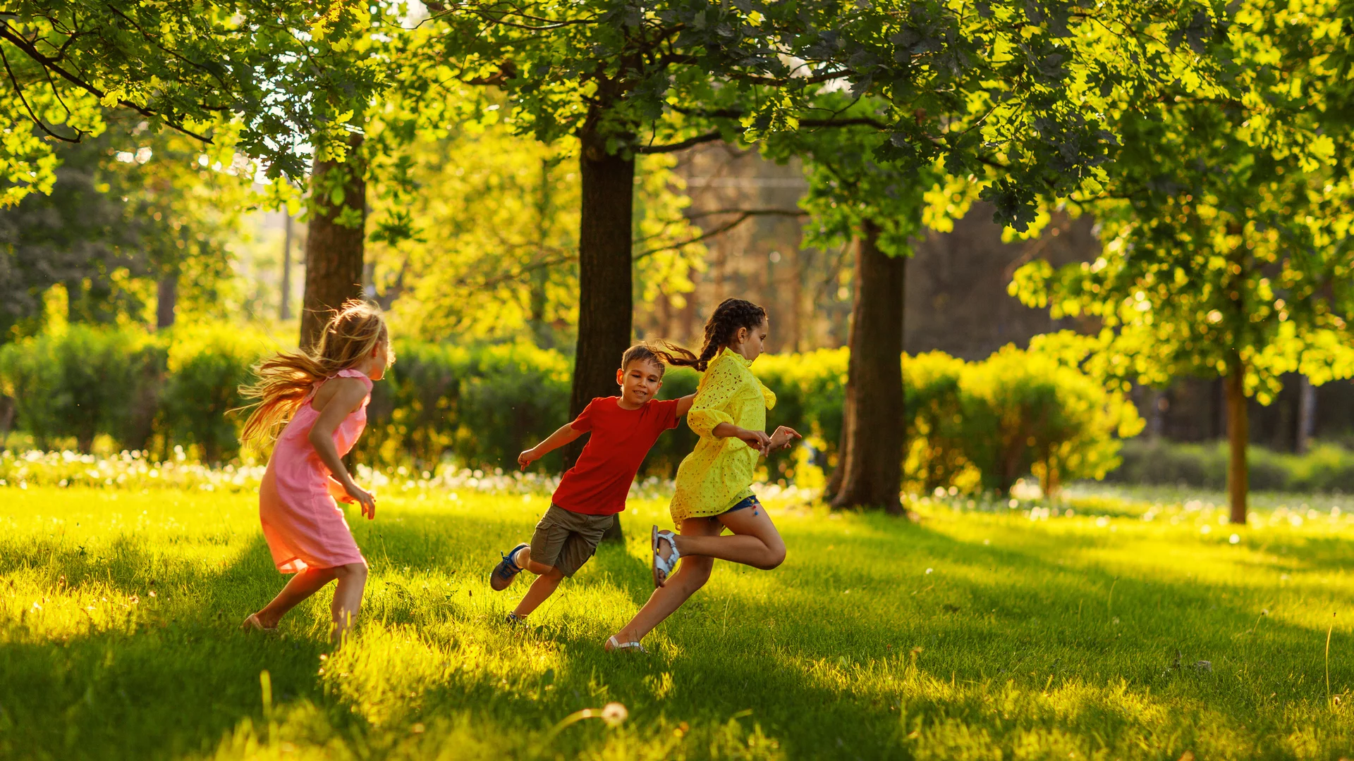 Drei Kinder rennen fröhlich über eine grüne Wiese im Sonnenschein. Die Mädchen tragen bunte Kleider, während der Junge in einem roten T-Shirt läuft. Bäume spenden Schatten und die Atmosphäre ist lebhaft und verspielt.