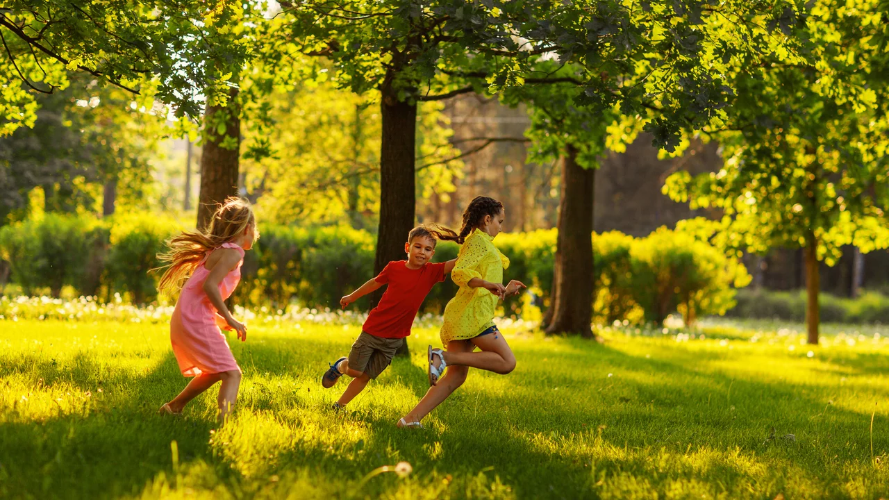 Drei Kinder rennen fröhlich über eine grüne Wiese im Sonnenschein. Die Mädchen tragen bunte Kleider, während der Junge in einem roten T-Shirt läuft. Bäume spenden Schatten und die Atmosphäre ist lebhaft und verspielt.