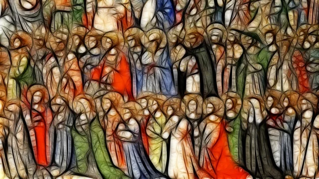 Das Bild zeigt eine große Ansammlung von Menschen in verschiedenen Farben und Kleidungen. Die Figuren sind in einem stilisierten, malerischen Stil dargestellt und wirken chaotisch, jedoch lebendig, und vermitteln eine Stimmung von Gemeinschaft oder Feierlichkeit.