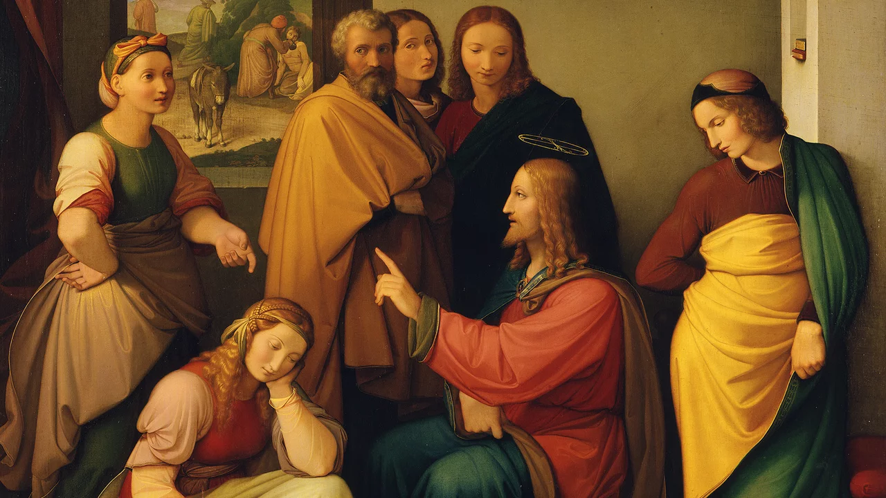 Das Bild zeigt eine Gruppe von sieben Personen, die in einem Raum stehen. Jesus spricht zu einem Mann. Die anderen Frauen und Männer hören aufmerksam zu. Im Hintergrund ist eine Landschaft mit Menschen zu sehen. Die Figuren sind in verschiedenen historischen Gewändern gekleidet.