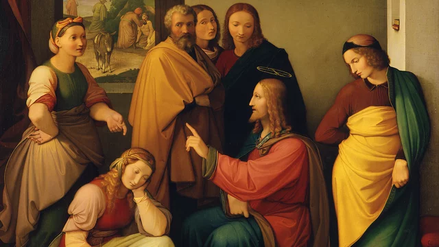 Das Bild zeigt eine Gruppe von sieben Personen, die in einem Raum stehen. Jesus spricht zu einem Mann. Die anderen Frauen und Männer hören aufmerksam zu. Im Hintergrund ist eine Landschaft mit Menschen zu sehen. Die Figuren sind in verschiedenen historischen Gewändern gekleidet.
