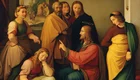 Das Bild zeigt eine Gruppe von sieben Personen, die in einem Raum stehen. Jesus spricht zu einem Mann. Die anderen Frauen und Männer hören aufmerksam zu. Im Hintergrund ist eine Landschaft mit Menschen zu sehen. Die Figuren sind in verschiedenen historischen Gewändern gekleidet.