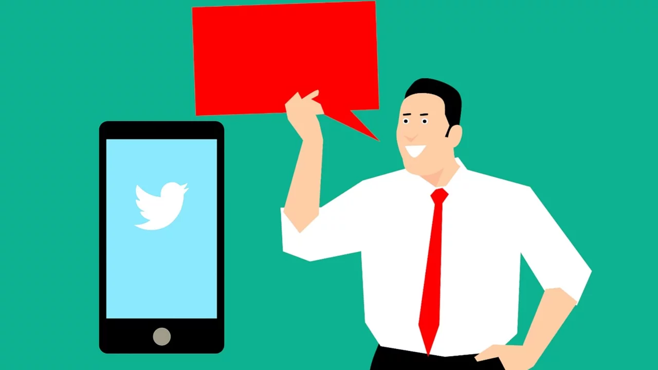 Ein Mann im weißen Hemd und roten Krawatte hält eine Sprechblase in der Hand, die eine Nachricht symbolisiert. Neben ihm befindet sich ein Smartphone mit dem Twitter-Logo auf dem Bildschirm. Der Hintergrund ist einfarbig grün.