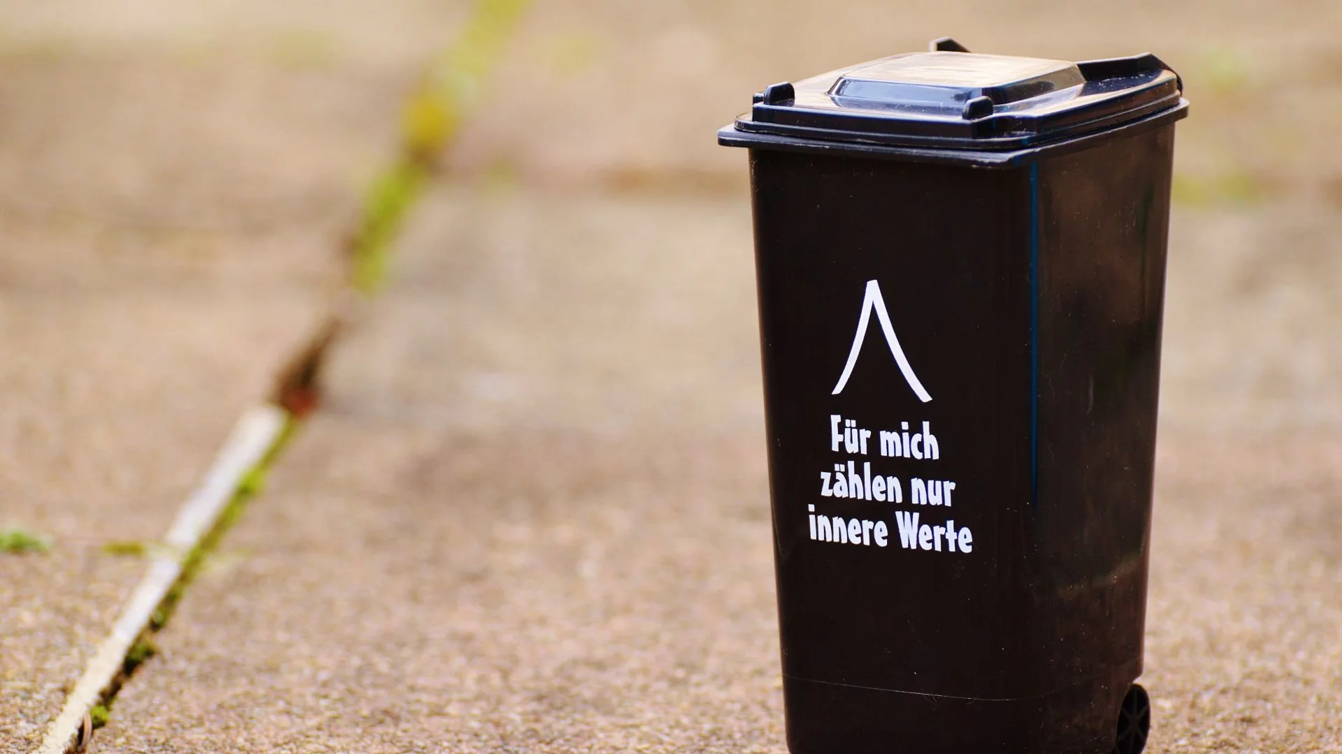 Ein schwarzer Müllbehälter steht auf einem Gehweg. Auf der Vorderseite ist der Text „Für mich zählen nur innere Werte“ geschrieben.