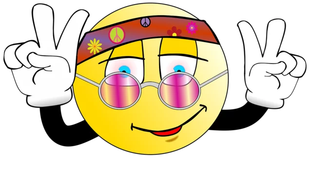 Ein fröhlicher, gelber Smiley trägt eine bunte Kopfbedeckung und runde Sonnenbrillen mit lila Gläsern. Er zeigt mit beiden Händen das Zeichen für Frieden und Freundschaft. Der Gesichtsausdruck ist lächelnd und einladend.