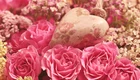 Ein Bouquet aus pechschwarzen Rosen in verschiedenen Rosa- und Pinktönen, umgeben von zarten, hellen Blumen. In der Mitte liegt ein Herz aus Holz mit floralen Mustern, das die romantische Stimmung unterstreicht.