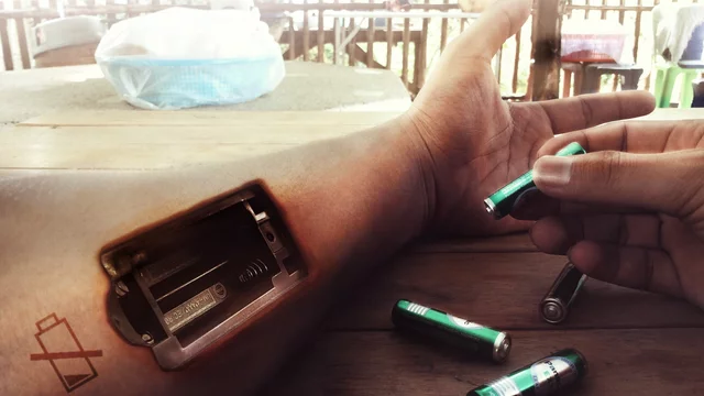 In einem Arm befindet sich ein Akku. 